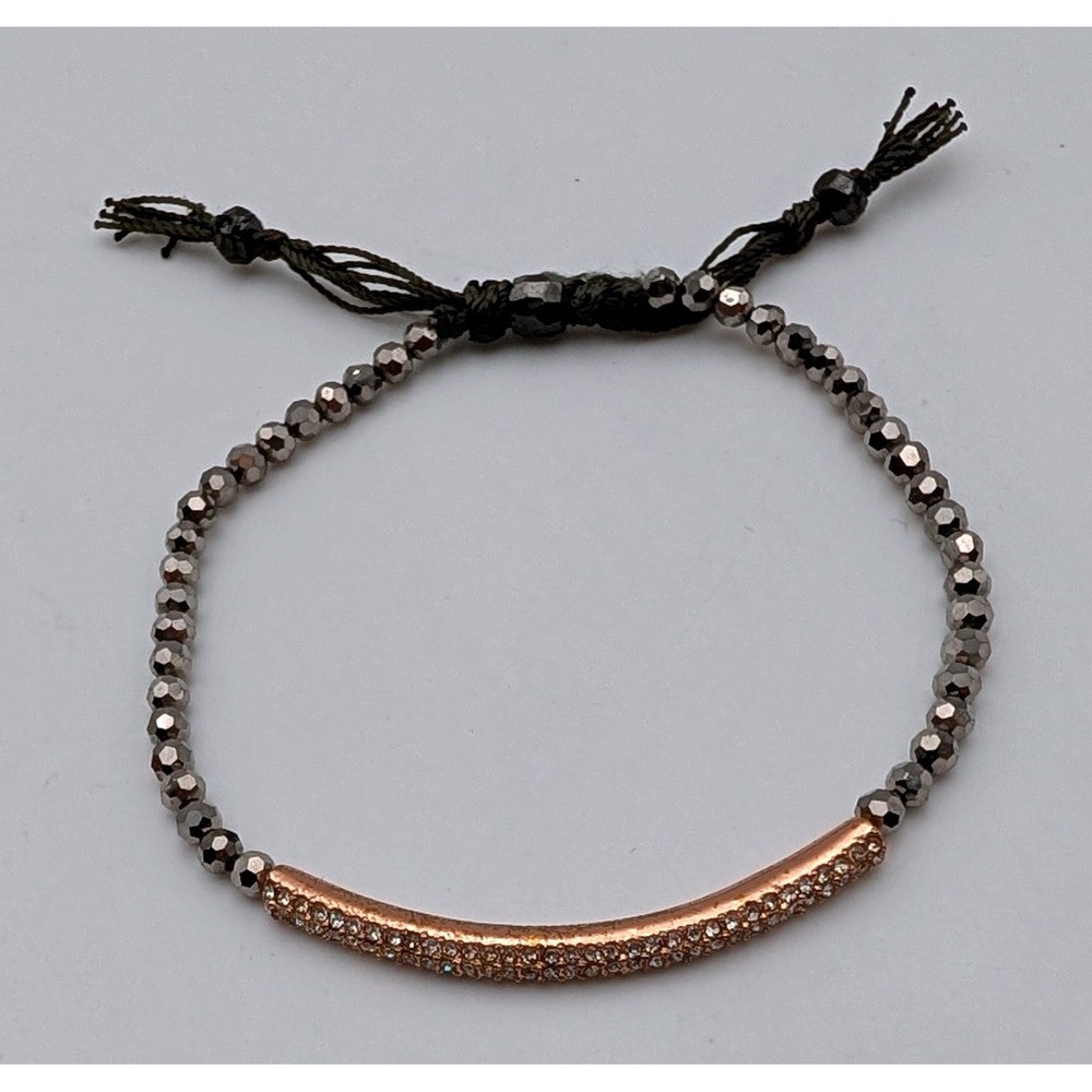 Stella & Dot Pave Bar Bracelet Rose Gold Tone Hematite Bead Adjustable Cord